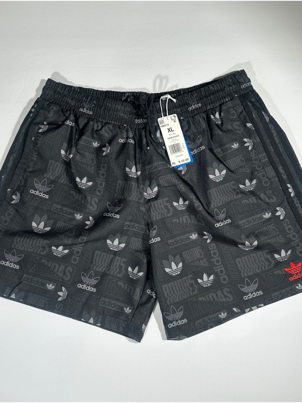 Adidas original  swim Black Logo-Print Athletic Shorts with Red logo Xl New